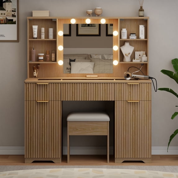 GIKPAL Vanity Set with Mirror & Lights, Wood Makeup Vanity Table with Stool, 3 Drawers, 2 Large Cabinets & Power Outlet, Modern Vanity Desk with 3 Dimmable Light Modes for Bedroom, Women & Girls