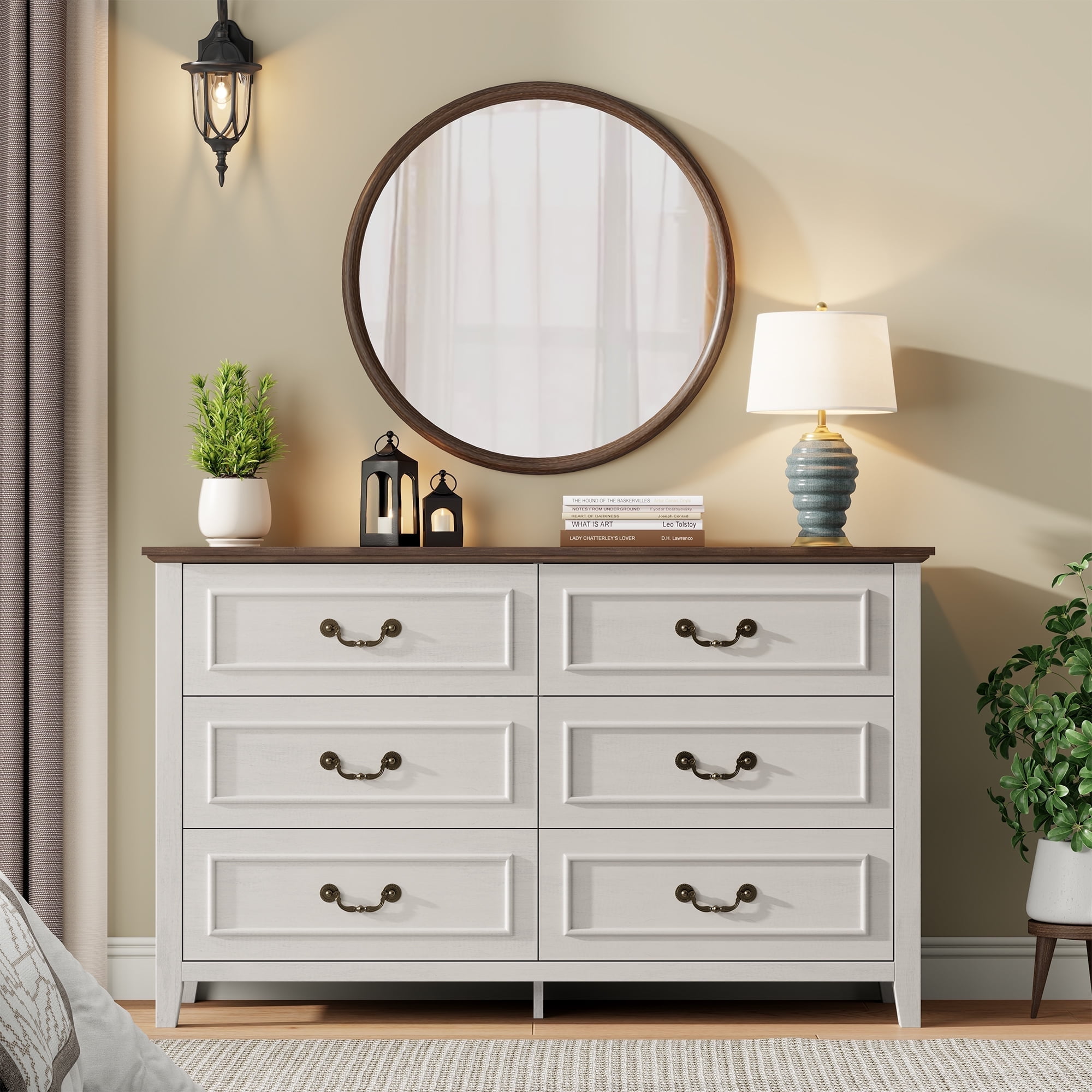 GIKPAL White Dresser for Bedroom, 6 Drawers Wood Dresser with Antique Handles, Farmhouse Rustic Chest of Drawers for Bedroom, Living Room, Entryway & Hallway