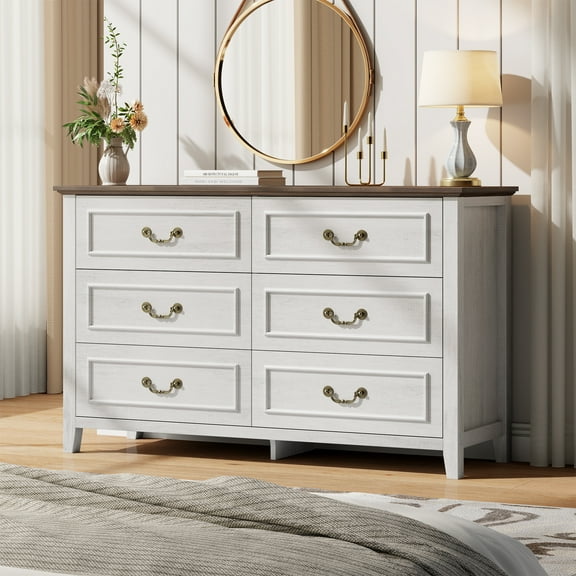 GIKPAL White Dresser for Bedroom, 6 Drawers Wood Dresser with Antique Handles, Farmhouse Rustic Chest of Drawers for Bedroom, Living Room, Entryway & Hallway