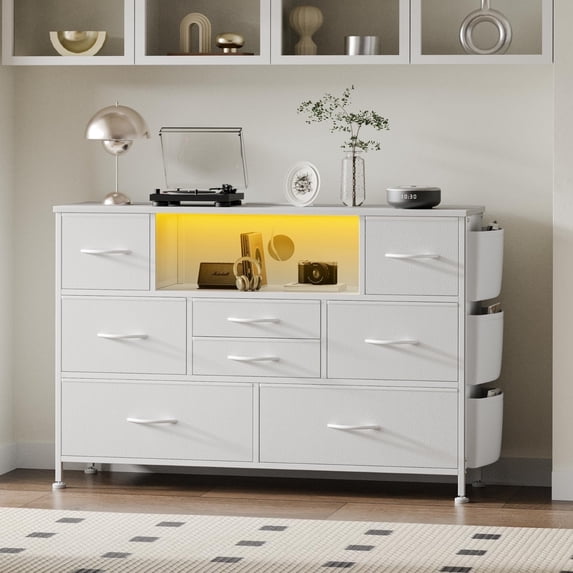 GIKPAL Dresser with LED Lights for Bedroom, TV Stand White 8 Drawer Dresser, Chest of Drawers with Charging Station & Side Pockets, Fabric Storage Nightstand for Living Room, Bedroom Furniture