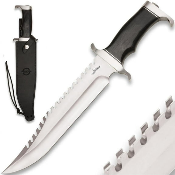 GIL HIBBEN Extreme Survival Survivor Bowie Knife With Leather Belt Sheath - 7Cr17 Stainless Steel Sawback Blade, Hefty Handguard and Pommel, Pakkawood Handle, Take into the Wilderness - Length 15"