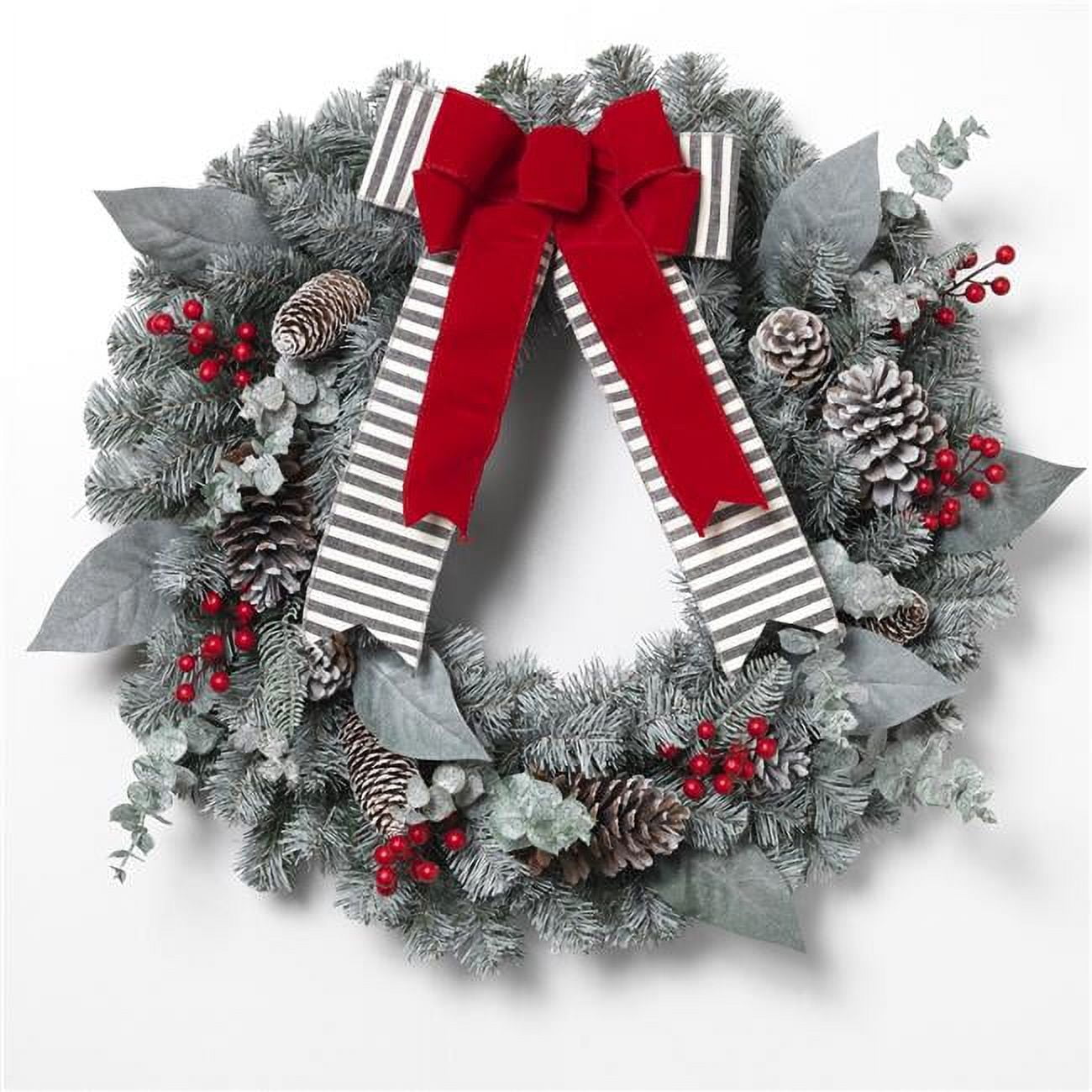 Snowy Pine Christmas Wreath with Red Bow and Pinecones
