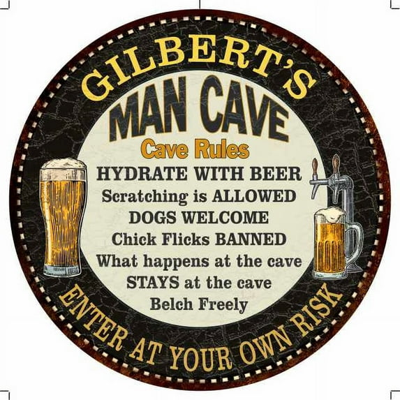 GILBERT'S Man Cave Rules 14" Round Metal Sign Garage Wall Decor 100140010406