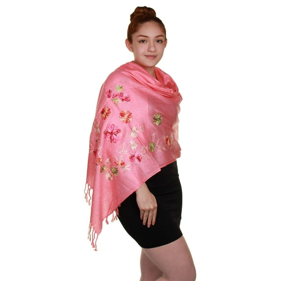 GILBIN'S Fashionalble Floral-Pasley Design Embroidered Light Scarf Wrap Shawl Pashmina(Flower Pink)