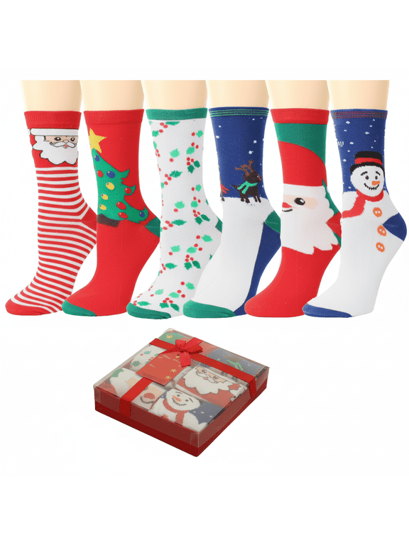 'S Women Christmas Holiday Crew Socks 6 Pairs – Soft Warm Winter Casual Socks Gift Set in Hard Gift Box with Gift Card (Size 9-11, Holiday Designs)