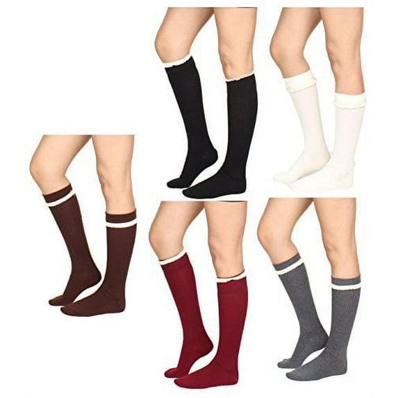 GILBIN'S Women's Fashion Long Boot Socks Stretchy Over Knee High Stockings with Lace Trim(Whtie Lace Trim)