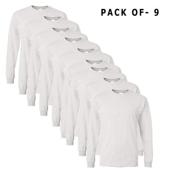 GILDAN - Ash Color T-Shirt | 5.5 Oz./yd² 50/50 Cotton/Polyester | 9 Pack Long Sleeve Tee - L Size