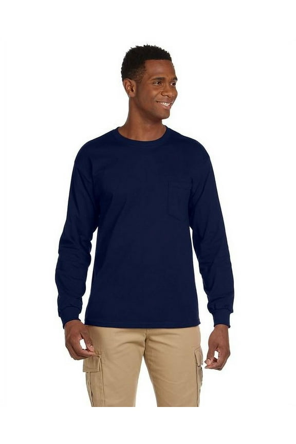 G241 ADULT ULTRA COTTON 6 OZ. LONG-SLEEVE POCKET T-SHIRT, Navy, XL