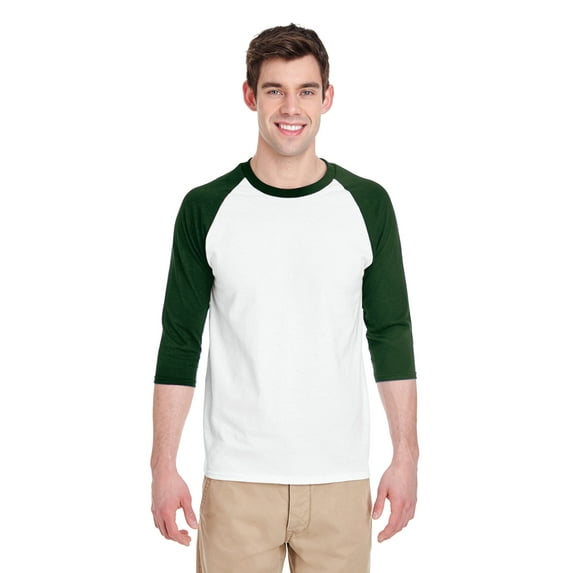 GILDAN G570 ADULT HEAVY COTTON 5.3 OZ. 3/4-RAGLAN SLEEVE T-SHIRT, S, WHITE/ FOREST