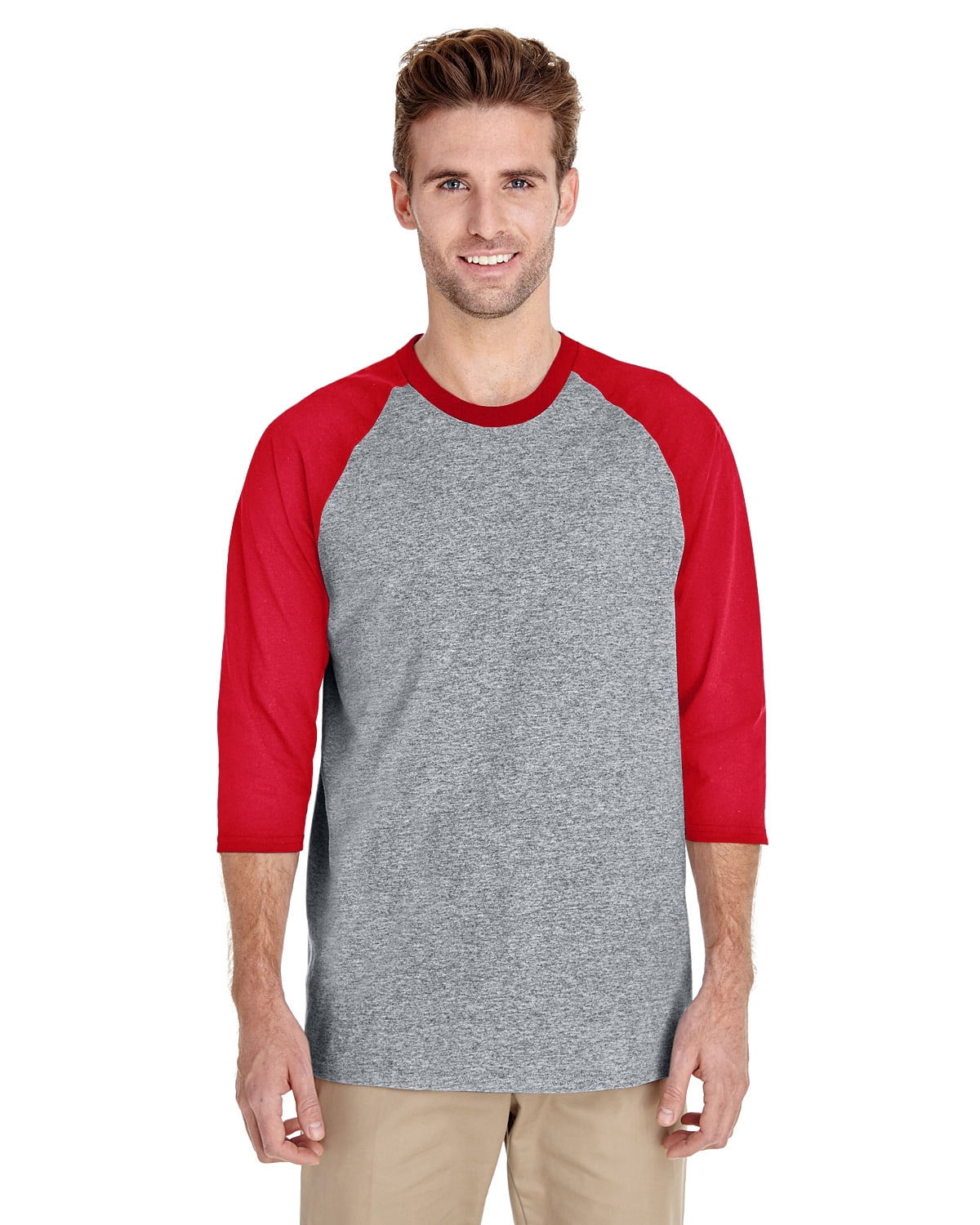 Gildan Heavy Cotton 3/4 Raglan T-Shirt 2-Pack – Sport Grey/Red & White/Navy, 5.3 Oz Comfort Fit