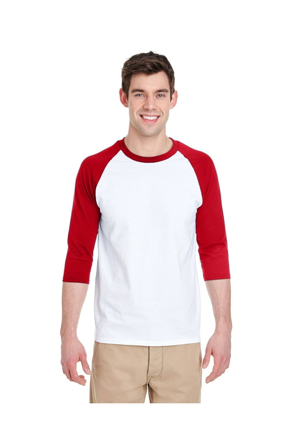 G570 ADULT HEAVY COTTON 5.3 OZ. 3/4-RAGLAN SLEEVE T-SHIRT, White/ Red, L