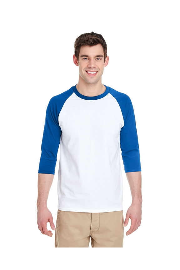 G570 ADULT HEAVY COTTON 5.3 OZ. 3/4-RAGLAN SLEEVE T-SHIRT, White/ Royal, M