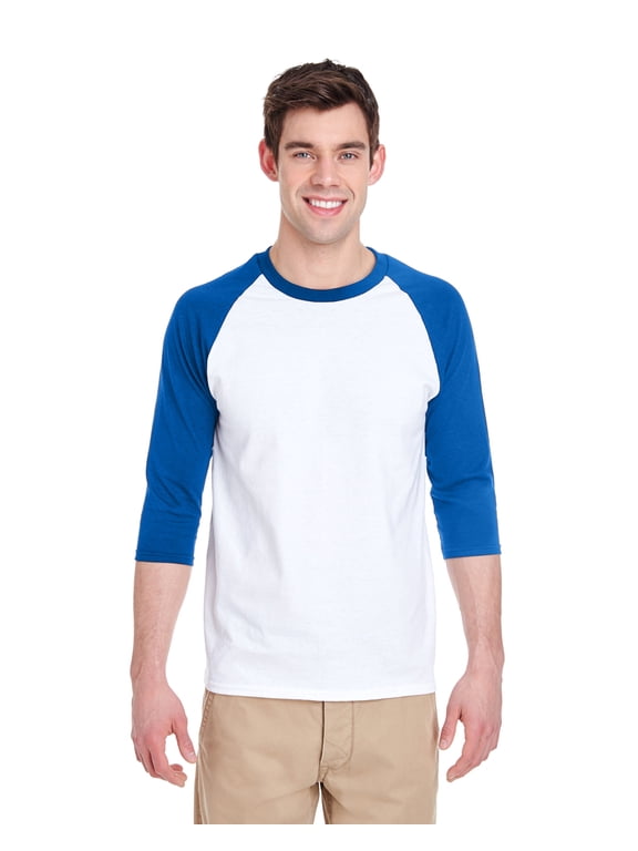 G570 ADULT HEAVY COTTON 5.3 OZ. 3/4-RAGLAN SLEEVE T-SHIRT, White/ Royal, M
