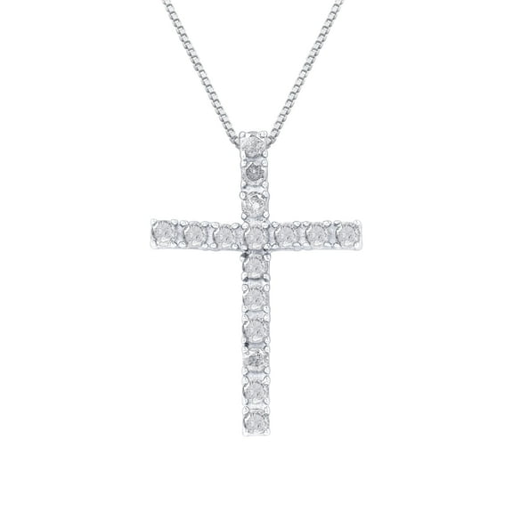 GILDED 1/2 Cttw Sterling Silver Necklace with Natural Round-Cut Diamond Cross Pendant, 18-inch White Silver Chain, 1/2 Carat Total Weight Diamonds, Elegant Gift Box Included