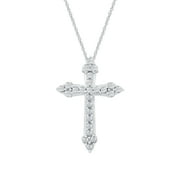 GILDED Sterling Silver Necklace with Natural Round-Cut Diamond Cross Pendant, 18-inch White Silver Chain, 1 Carat Total Weight Diamonds, Elegant Gift Box Included
