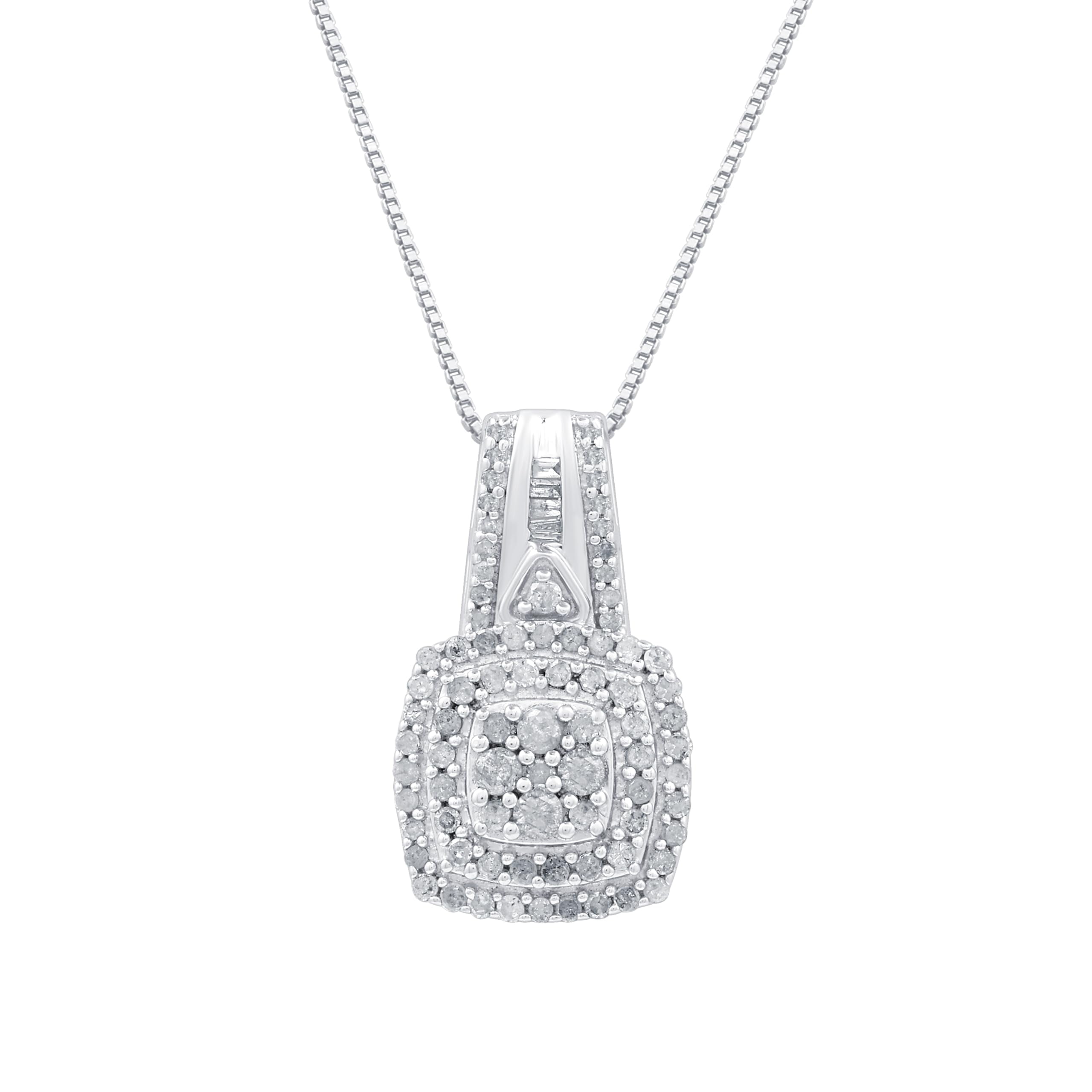 GILDED Sterling Silver Necklace with Natural Round-Cut Diamond Pendant, 18-inch White Silver Chain, 1 Carat Total Weight Diamonds, Elegant Gift Box Included