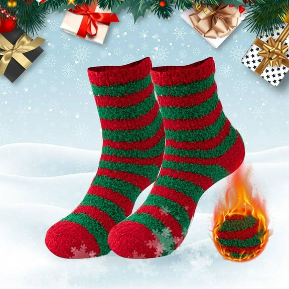 GILIGEGE 2 Pairs Christmas Fuzzy Socks for Women Cozy Soft Fluffy Striped Socks Warm Sleeping Socks for Winter Holiday Home Fleece Warm Cozy Holiday Slipper Socks for Women