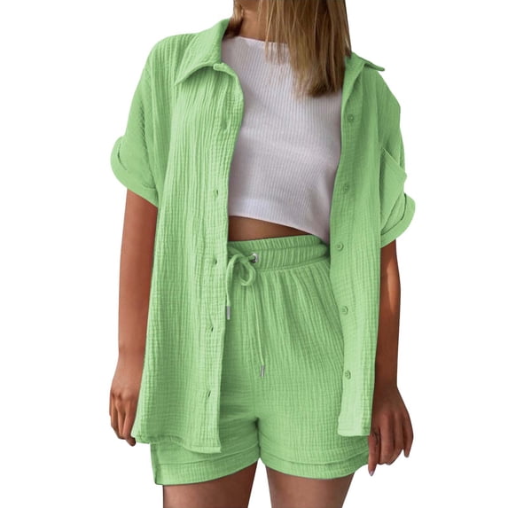 GILIGEGE 2 Piece Linen Set for Women Women's Fashionable and Casual Solid Color Double Layer Wrinkled Single Pocket Short Sleeve Top Shorts Set Button Down Shirts and Shorts Beach Outfit Sets