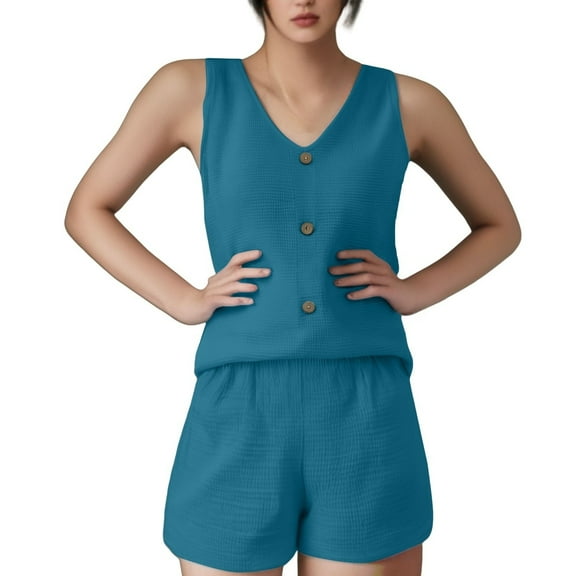 GILIGEGE 2 Piece Sets for Women Two Piece Outfits for Women 2025 V Neck Vest and Shorts Loose Casual Two Pieces Set Short Sets Casual Outfits for Women Blue S