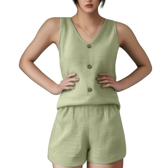 GILIGEGE 2 Piece Sets for Women Two Piece Outfits for Women 2025 V Neck Vest and Shorts Loose Casual Two Pieces Set Short Sets Casual Outfits for Women Green L