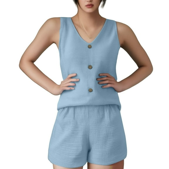 GILIGEGE 2 Piece Sets for Women Two Piece Outfits for Women 2025 V Neck Vest and Shorts Loose Casual Two Pieces Set Short Sets Casual Outfits for Women Sky Blue L