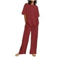 thumbnail image 1 of GILIGEGE 2 Piece Sets for Women Two Piece Sets for Women Summer Linen Casual Outfit Crewneck 3/4 Sleeve Tops High Waist Wide Leg Pants with Pockets Summer Lounge Sets Wine L, 1 of 5
