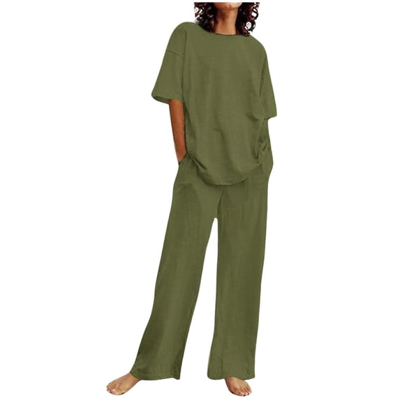 GILIGEGE 2 Piece Sets for Women Two Piece Sets for Women Summer Linen Casual Outfit Crewneck 3/4 Sleeve Tops High Waist Wide Leg Pants with Pockets Summer Lounge Sets Green L