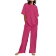 thumbnail image 1 of GILIGEGE 2 Piece Sets for Women Two Piece Sets for Women Summer Linen Casual Outfit Crewneck 3/4 Sleeve Tops High Waist Wide Leg Pants with Pockets Summer Lounge Sets Hot Pink L, 1 of 5