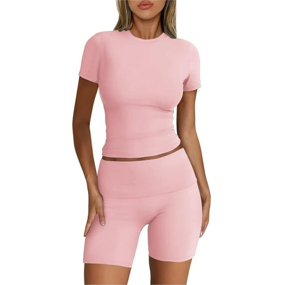 GILIGEGE 2 Piece Sets for Women Women’S Two Piece Set Casual Summer Outfit with Matching Shorts and Top Comfy 2 Piece Clothing Set Workout Sets for Women High Waist Shorts Yoga Outfits Pink S