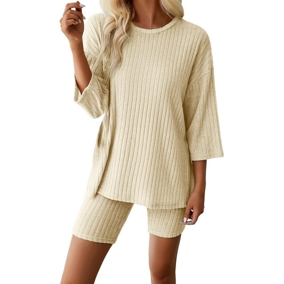 GILIGEGE 2 Piece Sets for Women Women Short Pyjama Set Cotton 3/4 Sleeve Knitted Yoga Set Round Neck 2 Piece Slim Fit Ladies Comfortable Sportswear Casual Wear Summer Lounge Sets Beige S