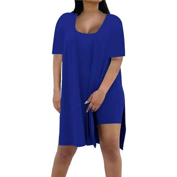 GILIGEGE 2 Piece Sets for Women Women's Casual Oversized Two Piece Set with Square Collar Short Sleeved Slit Top Tight Shorts Shorts Set Of Shorts Shirt Blouse Summer Lounge Sets Blue M
