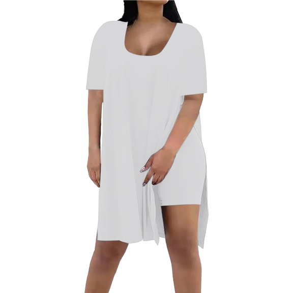 GILIGEGE 2 Piece Sets for Women Women's Casual Oversized Two Piece Set with Square Collar Short Sleeved Slit Top Tight Shorts Shorts Set Of Shorts Shirt Blouse Summer Lounge Sets White 3Xl
