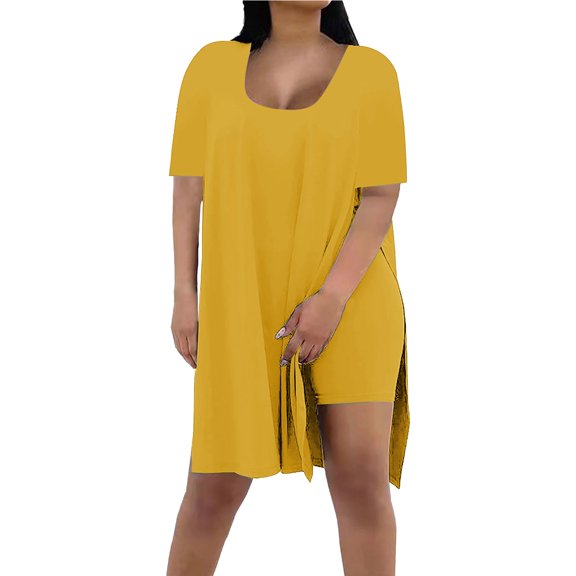 GILIGEGE 2 Piece Sets for Women Women's Casual Oversized Two Piece Set with Square Collar Short Sleeved Slit Top Tight Shorts Shorts Set Of Shorts Shirt Blouse Summer Lounge Sets Yellow L