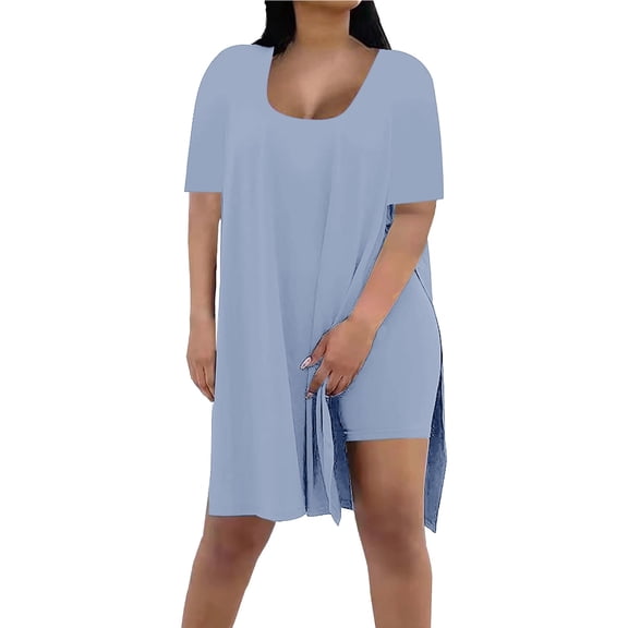 GILIGEGE 2 Piece Sets for Women Women's Casual Oversized Two Piece Set with Square Collar Short Sleeved Slit Top Tight Shorts Shorts Set Of Shorts Shirt Blouse Summer Lounge Sets Light Blue S