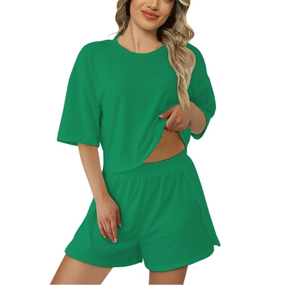 GILIGEGE 2 Piece Sets for Women Women's Summer Round Neck Solid Color Short Sleeved Shirt Loose Casual Side Slit Shorts Two Piece Set Summer Lounge Sets Green S