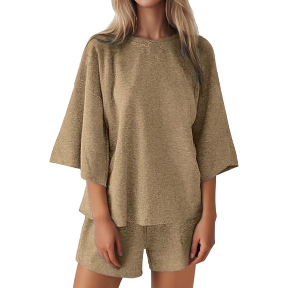 GILIGEGE 2 Piece Sets for Women Womens Sets Two Piece Set Summer Outfits 2 Piece Pajama 3/4 Sleeve Oversized Tshirts Elastic Waist Short Summer Lounge Sets Khaki Xl