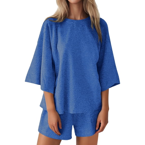 GILIGEGE 2 Piece Sets for Women Womens Sets Two Piece Set Summer Outfits 2 Piece Pajama 3/4 Sleeve Oversized Tshirts Elastic Waist Short Summer Lounge Sets Blue S