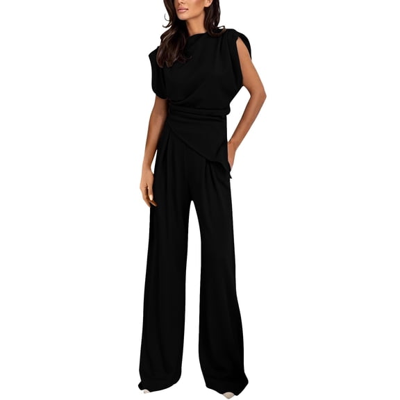 GILIGEGE 2 Piece Sets for Women Asymmetrical Blouse and Loose Fitting High Waisted Trousers Women's Solid Color Set Black M