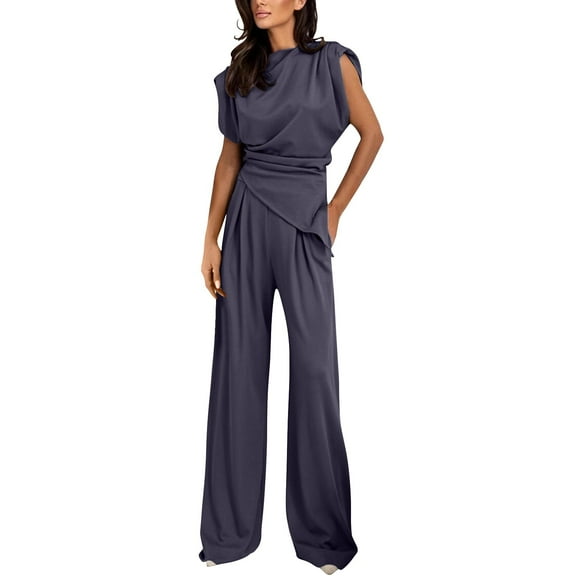 GILIGEGE 2 Piece Sets for Women Asymmetrical Blouse and Loose Fitting High Waisted Trousers Women's Solid Color Set Dark Grey M