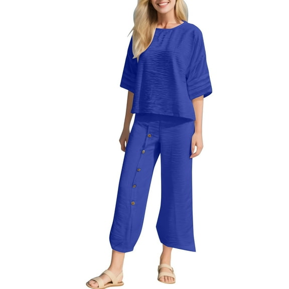 GILIGEGE 2 Piece Sets for Women Women's Fashionable Solid Color Loose Casual Seven Quarter Sleeved Top Loose Pants Set Blue Xxl