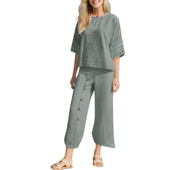 GILIGEGE 2 Piece Sets for Women Women's Fashionable Solid Color Loose Casual Seven Quarter Sleeved Top Loose Pants Set Green 3Xl