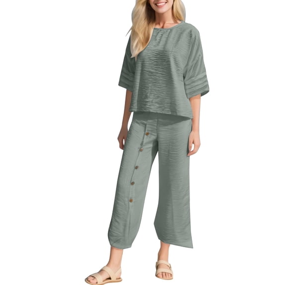 GILIGEGE 2 Piece Sets for Women Women's Fashionable Solid Color Loose Casual Seven Quarter Sleeved Top Loose Pants Set Green Xl