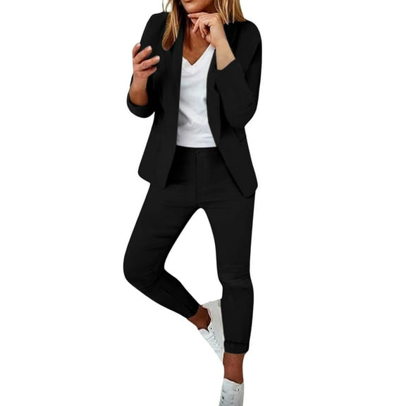 GILIGEGE 2 Piece Sets for Women Women's Fashionable and Casual Solid Color Suit Trousers Set Black L