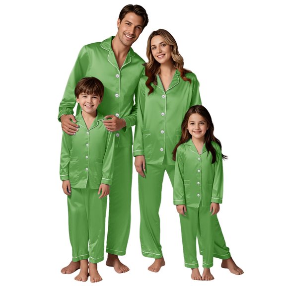 GILIGEGE 2026 Christmas Pajamas for Family Silk Satin Button Down Sleepwear Long Sleeve Nightwear 2 Pcs Comfy Loungewear Set Light green 110