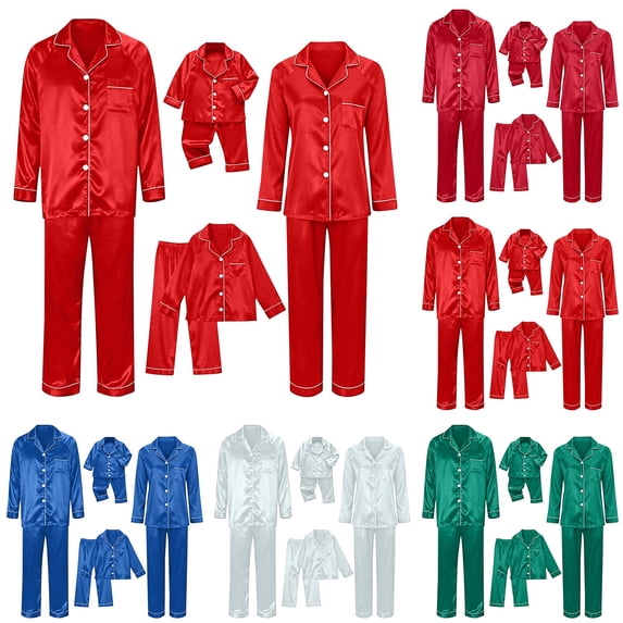 GILIGEGE 2026 Family Satin Christmas Pajamas Sets Outfits Xmas Button Down Pjs Matching Sets 2 Piece Soft Sleepwear Long Sleeve Top Pants Holiday Loungewear for Baby Red