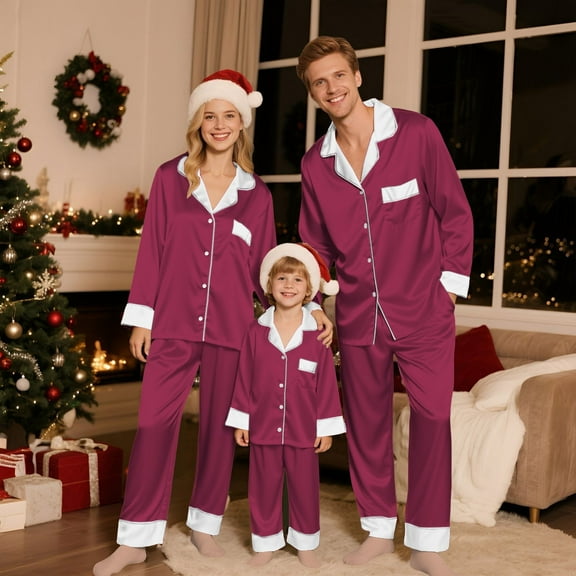 GILIGEGE 2026 Family Satin Christmas Pajamas Sets Silk Xmas Pjs Matching Sets Lounge Soft Sleepwear for Mens Womens Adults Wine 150