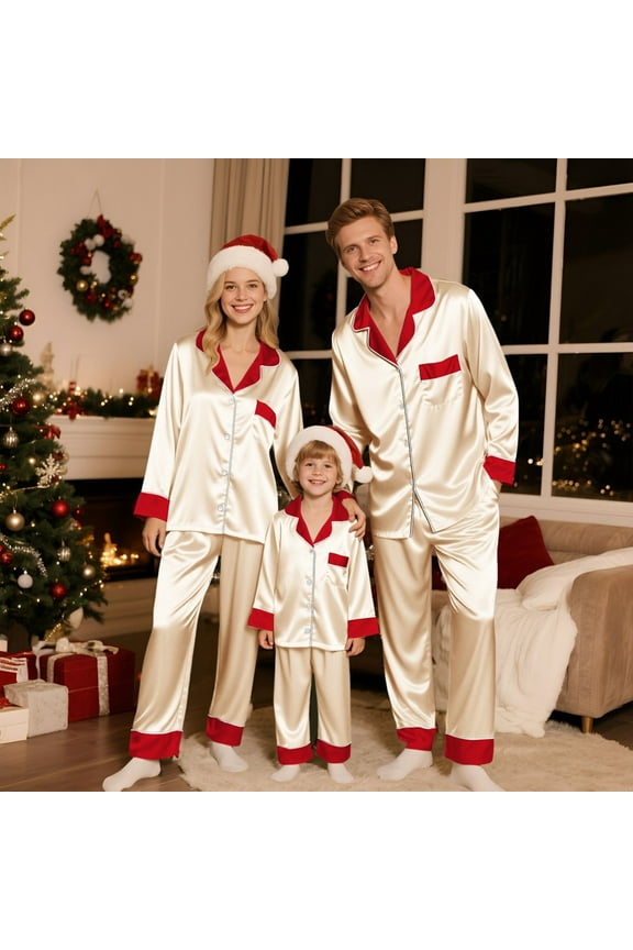 2026 Family Satin Christmas Pajamas Sets Silk Xmas Pjs Matching Sets Soft Sleepwear for Mens Womens Adults Gold L