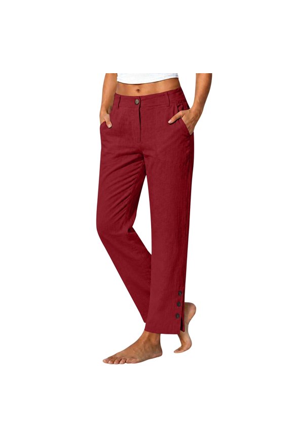 2026 Womens Linen Pants,Elastic High Waist Straight Leg Lounge Palazzo Pant,Side Snap Button,Casual Slacks Summer Trouser with Pockets,Workwear Pants,Lightweight Beach Trousers Red