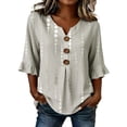 thumbnail image 1 of GILIGEGE 3/4 Length Sleeve Womens Tops Cotton Linen Boho Blouses Button Down Shirt Graphic Print Ruffle Sleeve Split V Neck T Shirts Summer Peasant Beach Vacation Lightweight Casual Top Grey, 1 of 5