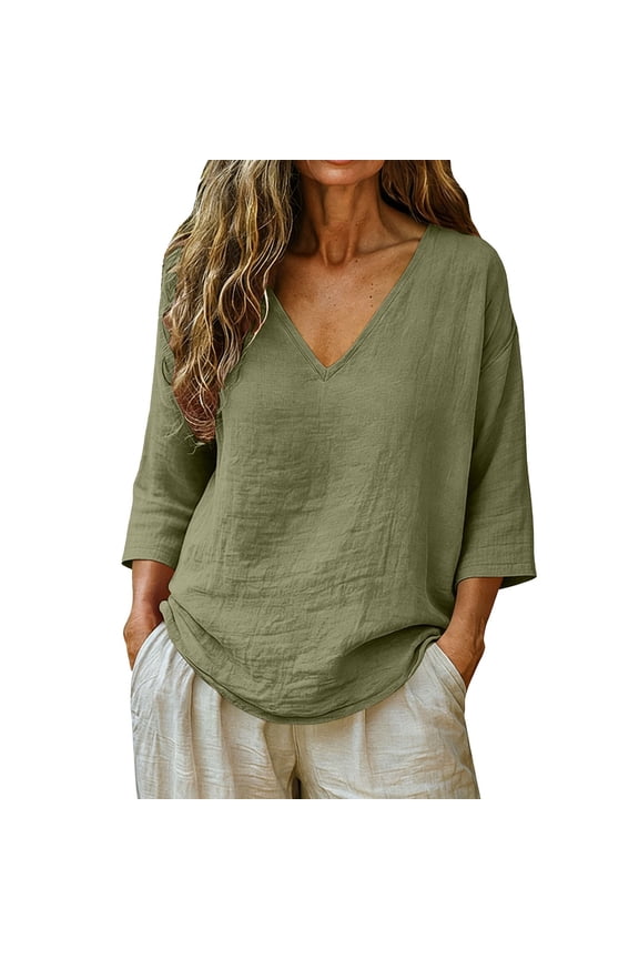 3/4 Length Sleeve WomensTops Three Quarter Sleeve Vacation BeachTops Lightweight Blouses LeisureTop Loose FitTops Cotton Blouses MuslIn Shirt Women Dressy Casual Clothes Green 4XL